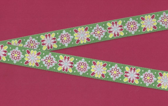 HOLIDAY E-29-B Jacquard Ribbon Poly Trim 7/8" Wide (22mm) Dena Designs, Holiday Motif Green w/Pink Blue Red & Lime Accents, Per Yard