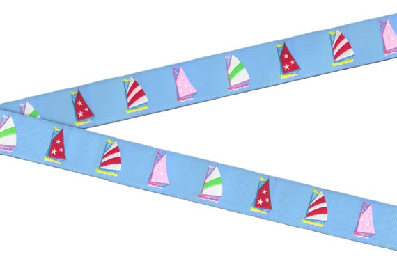 SPORTS/Nautical G-01-A Jacquard Ribbon Poly Trim 1-1/8" wide (28mm) Douglas Paquette, Blue Sky w/Multi-Colored Catboats