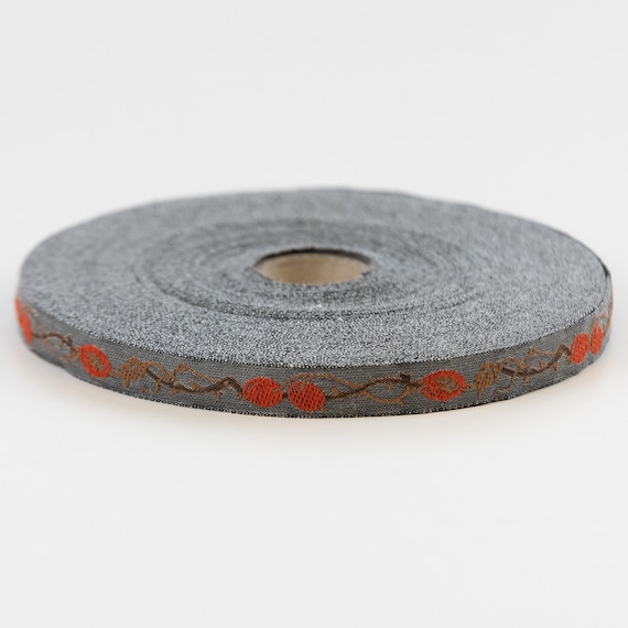 KAFKA A-10/02 Jacquard Ribbon Organic Cotton Woven Trim 3/8" wide (9mm) Gray Background, Small Orange Rose Hips Dk Brown Lt Brown Vines