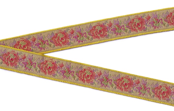 FLORAL TAPESTRY F-20-B Jacquard Ribbon Poly/Cotton Trim 1-1/8" wide (28mm) Taupe w/Red, Pink & Purple Flowers, Gold Metallic Accents