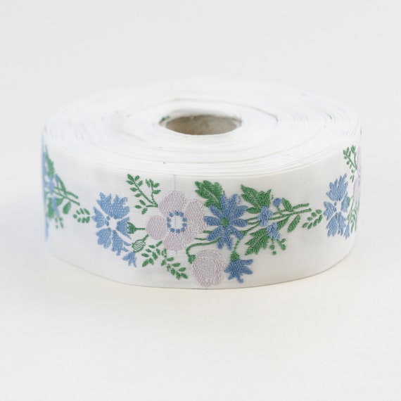 KAFKA G-06/04 Jacquard Ribbon Woven Organic Cotton Trim 1-1/4" wide (32mm) White w/Lilac & Blue Floral "Bouquet" Green Leaves