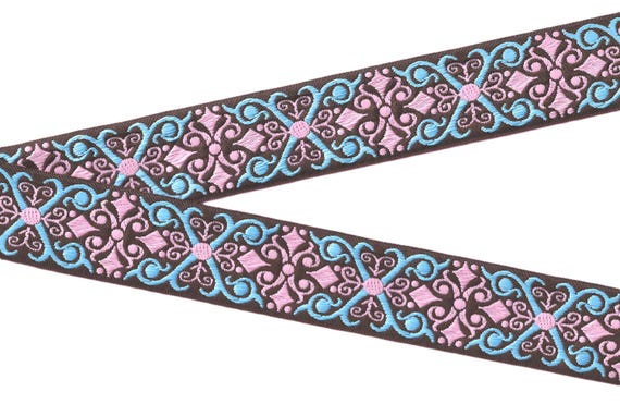 GEOMETRIC H-09-N Jacquard Ribbon Poly Trim 1-1/2" wide (38mm) Brown w/Turquoise & Pink