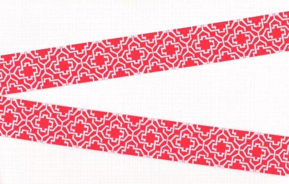 GEOMETRIC G-31-A Jacquard Ribbon Poly Trim 1-1/8" wide (28mm) "Marrakech Coral", Red w/White Line Lattice Design