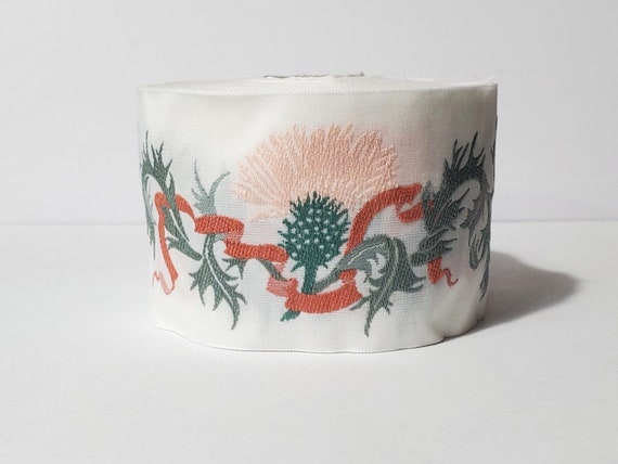 KAFKA K-01/09 Jacquard Ribbon Woven Organic Cotton Trim 2" wide (50mm) Off-White w/Peach Thistles, Apricot Ribbons, 2-Tone Green Leaves