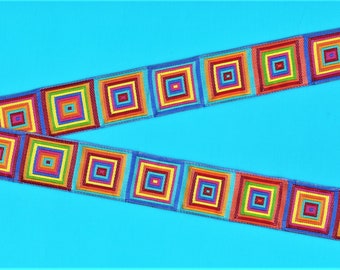 GEOMETRIC F-07-A Jacquard Ribbon Poly Trim 1" wide (25mm) Rainbow Block Squares