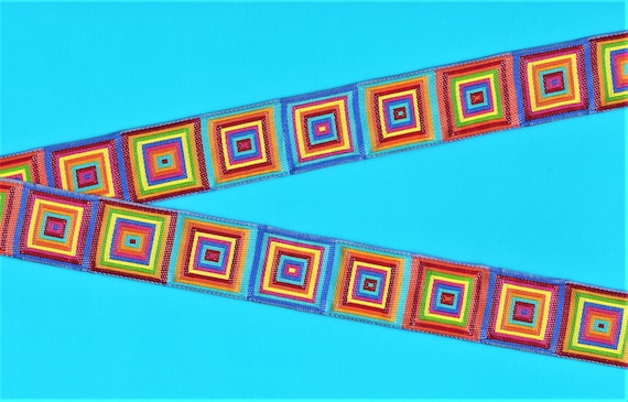 GEOMETRIC F-07-A Jacquard Ribbon Poly Trim 1" wide (25mm) Rainbow Block Squares