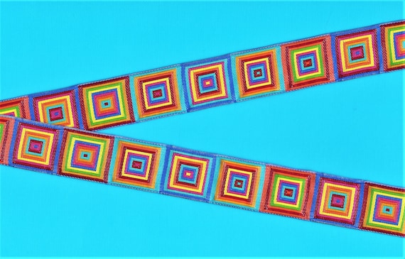 GEOMETRIC E-09-A Jacquard Ribbon Poly Trim 7/8" wide (22mm) Orange, Yellow, Red, Blue, Green, Pink, Turquoise, Lilac Squares, Per Yard