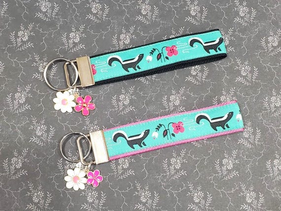 Jacquard Ribbon/Nylon Web 1" wide (25mm) Key Fobs, Skunks on Aqua w/Charms, Keychain, Wristlet, Zipper Pulls, Luggage Tags 5.5" long