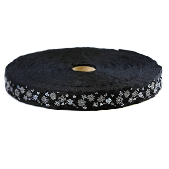 KAFKA D-08/17 Jacquard Ribbon Woven Organic Cotton Trim 3/4" wide (20mm) "Small Meadow" Black w/Dk Gray & Iridescent Silver Metallic Flowers