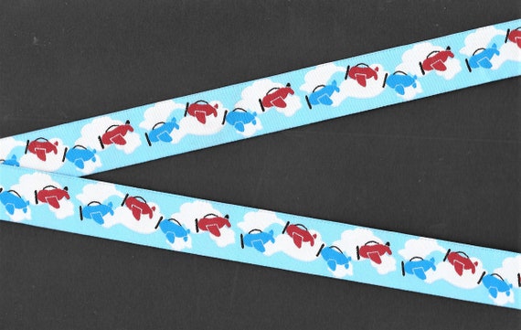 CHILDREN's E-03-A Jacquard Ribbon Polyester Trim 7/8" wide (22mm) Sky Blue Background w/Clouds Blue & Red Airplanes Black Accents