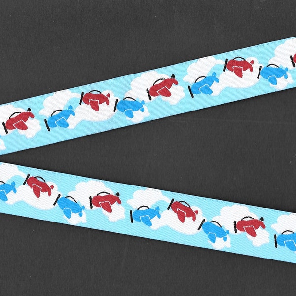 CHILDREN's E-03-A Jacquard Ribbon Polyester Trim 7/8" wide (22mm) Sky Blue Background w/Clouds Blue & Red Airplanes Black Accents