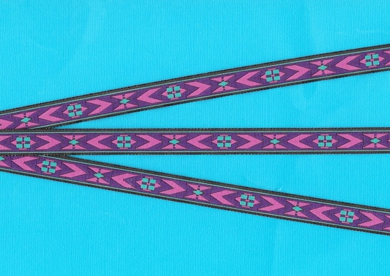 NATIVE AMERICAN A-08-A Jacquard Ribbon Poly Trim, 9/16" Wide (14mm) Turquoise, Black, Pink & Purple Tribal Pattern, Per Yard