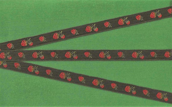 NOVELTY/Fruit B-01-A Jacquard Ribbon Cotton/Rayon Trim 1/2" Wide (13mm) Red Strawberries Green Stems on Black Linen Background