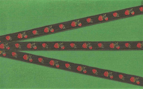 NOVELTY/Fruit B-01-A Jacquard Ribbon Cotton/Rayon Trim 1/2" Wide (13mm) Red Strawberries Green Stems on Black Linen Background, Per Yard