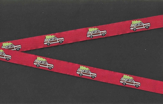 HOLIDAY C-16-A Jacquard Ribbon Poly Trim 5/8" Wide (16mm) Station Wagon w/Christmas Tree on Red, Patches, Use as Appliques, Labels, Per Yard