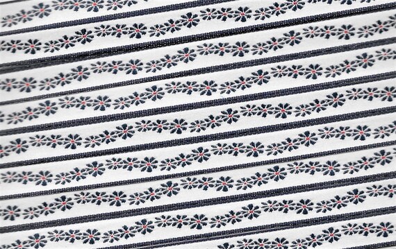 FLORAL A-09-C Jacquard Ribbon Poly Trim 3/8" wide (9mm) Made in France, White w/Navy Daisies & Navy Borders, Red Accents