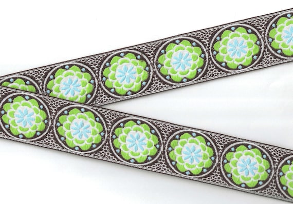 FLORAL K-11-B Jacquard Ribbon Cotton/Poly Trim 1-7/8" wide (48mm) VINTAGE Brown/White Background w/Lime, Blue & White Accents