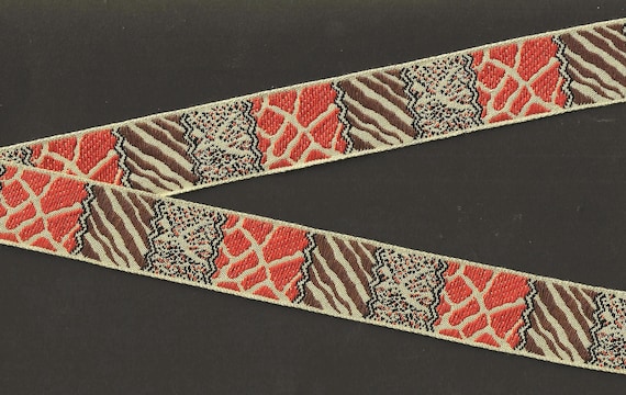 GEOMETRIC G-36-C Jacquard Ribbon Cotton Trim 1-1/8" wide (28mm) Vintage, Block Design of Animal Prints in Khaki, Orange, Brown & Black