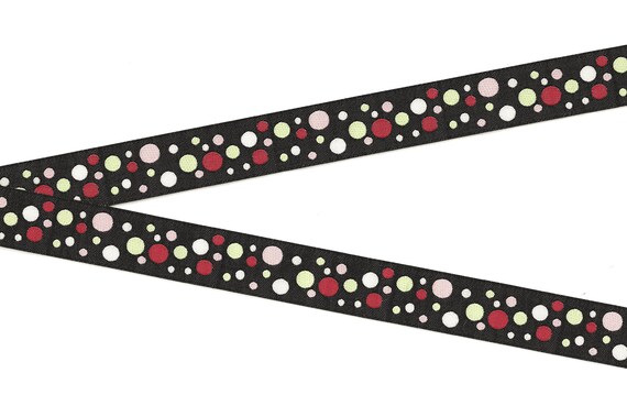 POLKA DOTS D-07-C Jacquard Ribbon Poly Trim 3/4" wide (20mm) Douglas Paquette, Black w/White, Pink, Lime & Red Polka Dots