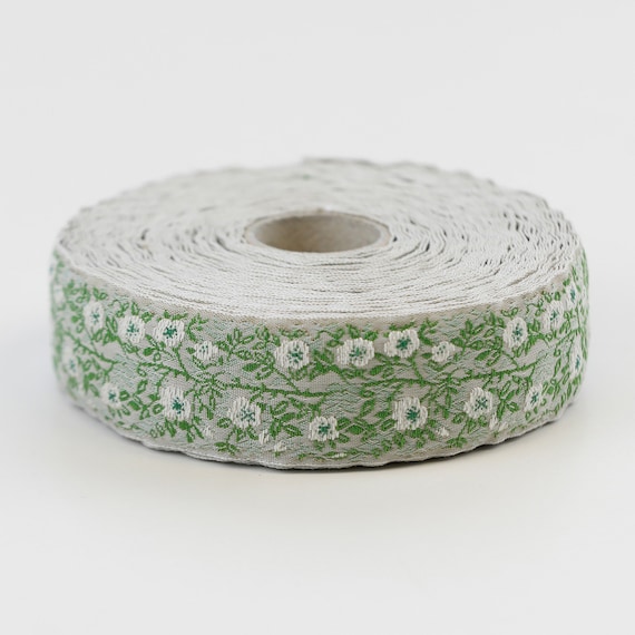 KAFKA F-02/07 Jacquard Ribbon Woven Organic Cotton Trim 1" wide (25mm) Beige w/Ivory & Green Wild Roses, 2-Tone Green Leaves
