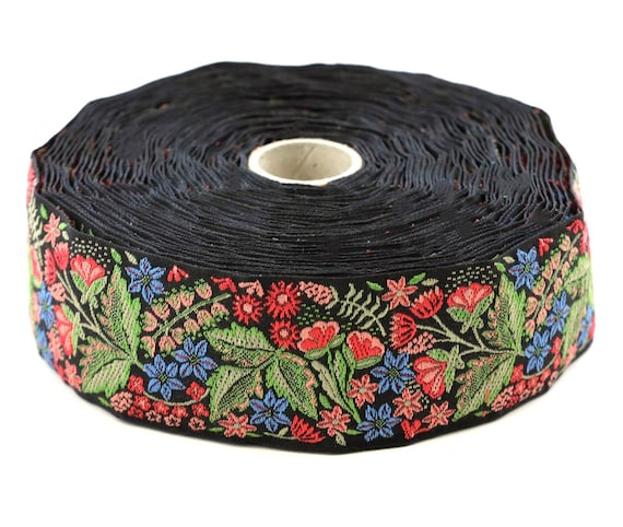 KAFKA H-16/04 Jacquard Ribbon Woven Organic Cotton Trim 1+9/16" wide (40mm) "FLOWER DREAMS" Black Background w/Blue, Green, Apricot & Red