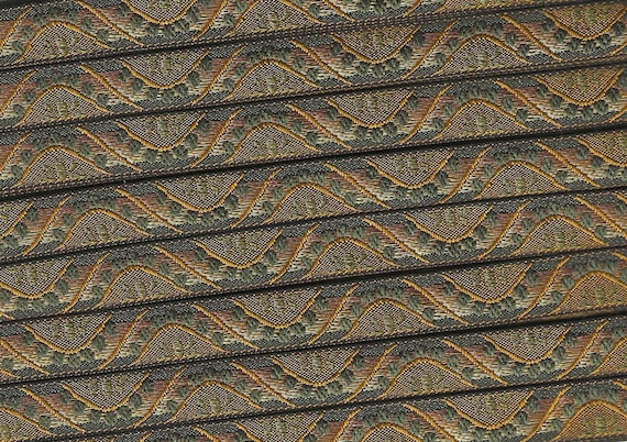 GEOMETRIC B-26-E Jacquard Ribbon Poly Trim 1/2" wide (13mm) VINTAGE From France, Olive, Beige & Black Wave