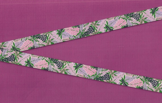 FLORAL C-27 RDS Jacquard Ribbon Polyester Trim 5/8" wide (16mm) Lupine Flowers in Pink, Purple, Lilac & Navy w/Green Leaves