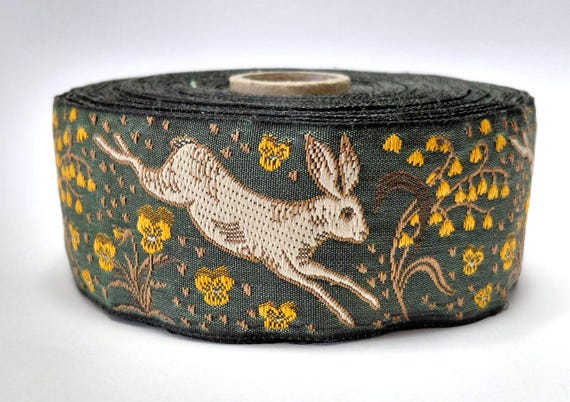 KAFKA H-27-02 Jacquard Ribbon Organic Cotton Trim 1+1/2" wide (38mm) NEW! Green w/Beige Jackrabbits