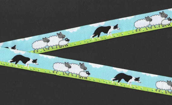ANIMALS/Farm E-11-A Jacquard Ribbon Polyester Trim 7/8" Wide (22mm) Border Collie w/White Sheep