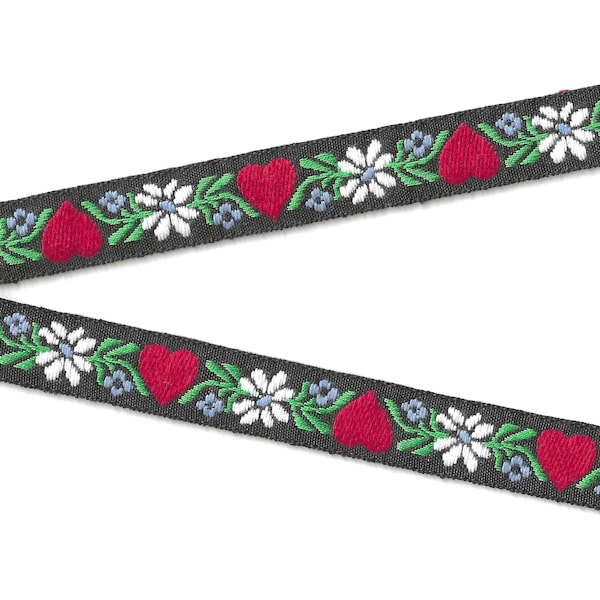 HEARTS/FLOWERS D-21-E Jacquard Ribbon Cotton Trim 3/4" Wide (20mm) Black w/Red Hearts, White & Blue Edelweiss Flowers Green Leaves