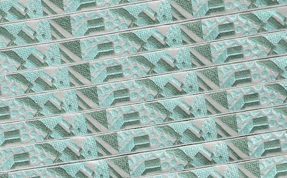 KAFKA A-13/07 Jacquard Ribbon Organic Cotton Woven Trim 3/8" wide (9mm) Abstract in Aqua & Greens