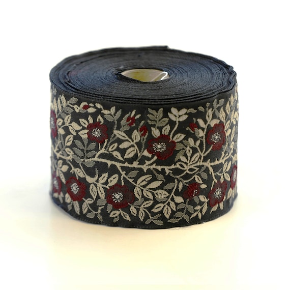 KAFKA L-01/40 Jacquard Ribbon Woven Organic Cotton Trim 2-3/8" wide (60mm) Black w/Dark Burgundy Roses, Beige & Gray Leaves