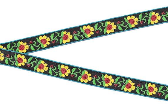 FLORAL D-05-J Jacquard Ribbon Poly/Cotton Trim 3/4" wide (20mm) Black w/Yellow & Red Sunflowers