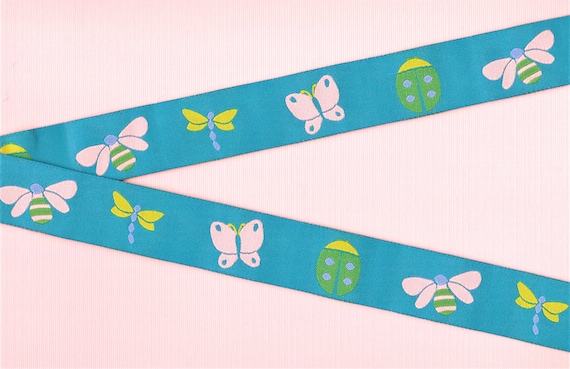 INSECTS F-DP-01a Jacquard Ribbon Poly Trim 1" Wide (25mm) Douglas Paquette, Green Dragonflies, Pink Butterflies & Green Ladybugs