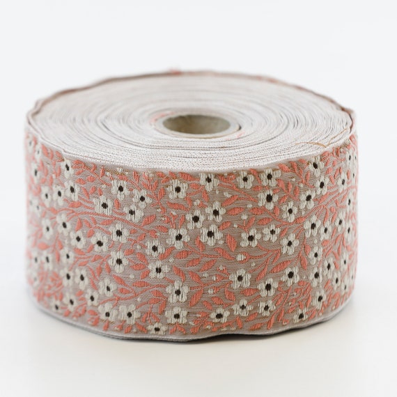 KAFKA K-02/25 Jacquard Ribbon Woven Organic Cotton Trim 2" wide (50mm) Beige w/Cream & Brown Forget-Me-Nots, Apricot Leaves/Vines