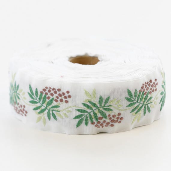 KAFKA G-05/03 Jacquard Ribbon Organic Cotton Trim 1-1/4" wide (32mm) White w/Taupe Berries
