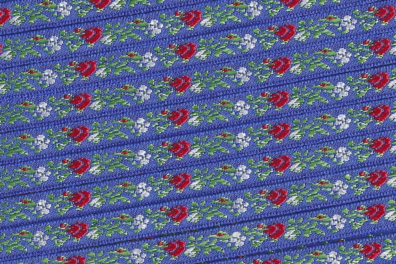 FLORAL A-08-C Jacquard Ribbon Poly Woven Trim, 3/8" Wide (9mm) Blue Background w/Petite White & Red Flowers, Olive Green Leaves