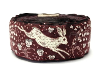 KAFKA H-27-04 Jacquard Ribbon Organic Cotton Trim 1+1/2" wide (38mm) Burgundy w/Cream Jackrabbits