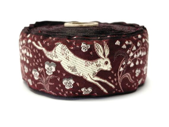 KAFKA H-27-04 Jacquard Ribbon Organic Cotton Trim 1+1/2" wide (38mm) NEW! Burgundy w/Cream Jackrabbits