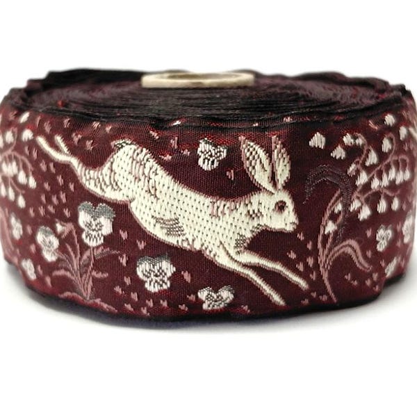 KAFKA H-27-04 Jacquard Ribbon Organic Cotton Trim 1+1/2" wide (38mm) Burgundy w/Cream Jackrabbits