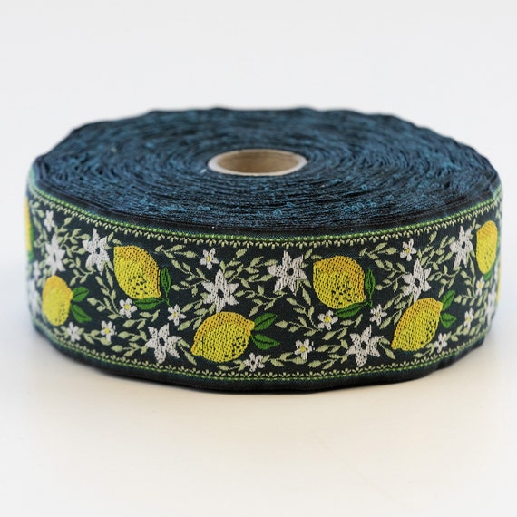 KAFKA H-13/04 Jacquard Ribbon Woven Organic Cotton Trim 1-1/2" wide (38mm) Dark Green w/Lemons, White Lemon Blossoms, Green Leaves