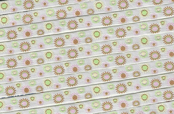 GEOMETRIC A-09-A Jacquard Ribbon Polyester Trim 3/8" wide (9mm) Ivory Background w/Brown, Pink, Cream & Lime "Sunbursts"