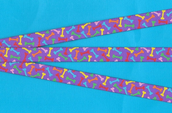 NOVELTY/Dogs C-01-A Jacquard Ribbon Polyester Trim 5/8" wide (16mm) Purple Background w/Bright, Multi-Colored Dog Bones, Per Yard