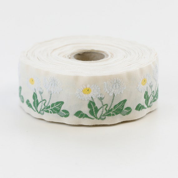 KAFKA G-04/03 Jacquard Ribbon Woven Organic Cotton Trim 1-1/4" wide (32mm) Ivory w/White, Yellow & Blue Daisies, Green Leaves