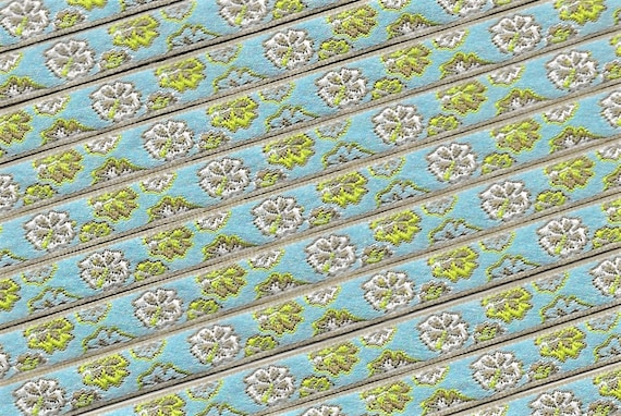 FLORAL A-12-A Jacquard Ribbon Poly Trim 3/8" wide (9mm) Made in France, Blue w/Beige Border, Beige/White & Green Hibiscus Flower