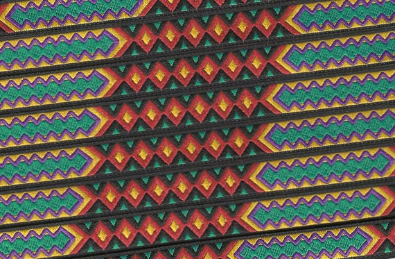 NATIVE AMERICAN  A-03-A Jacquard Ribbon Poly Trim 7/16" wide (12mm) Black w/Multi-Colored Design