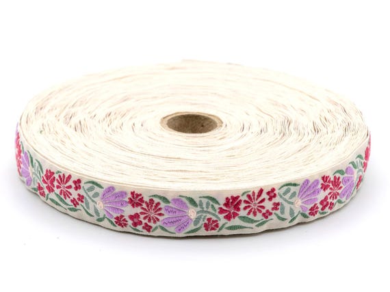 KAFKA D-17/02 Jacquard Ribbon Woven Organic Cotton Trim 3/4" wide (20mm) Ivory Background w/Lilac & Red Flowers, Green Leaves