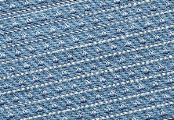 KAFKA A-16/01 Jacquard Ribbon Organic Cotton Woven Trim 3/8" wide (9mm) Sky Blue Background w/Petite White & Navy Sailboats, Nautical
