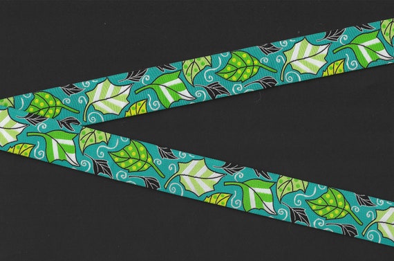 FLORAL G-94-B Jacquard Ribbon Poly Trim 1-1/8" wide (28mm) Douglas Paquette, "SPRING" Shades of Green w/Black, White & Yellow Leaves