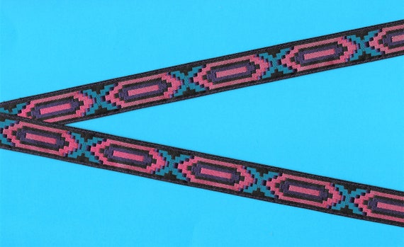 NATIVE AMERICAN D-31-A Jacquard Ribbon Trim Poly Trim, 3/4" Wide (20mm) Black Background w/Purple, Turquoise & Pink Accents, Priced Per Yard